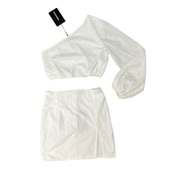Pretty Little Thing 2 Pc One Shoulder Crop Top Skirt Set Womens 4 White Woven - Picture 1 of 13